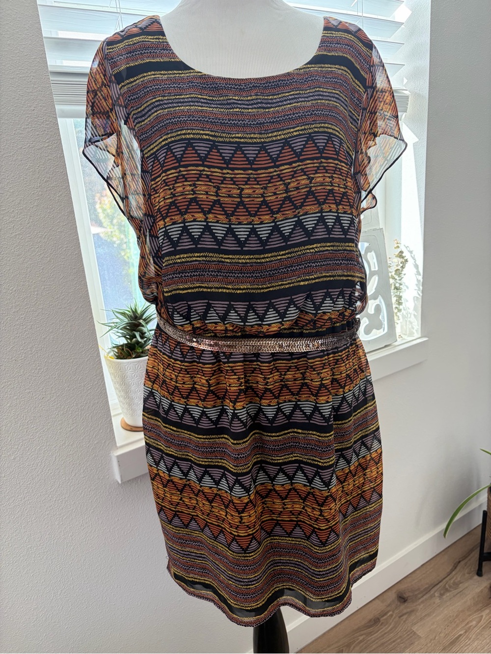 City Triangles Aztec Stripe Short Sleeve Dress in Black and Rust